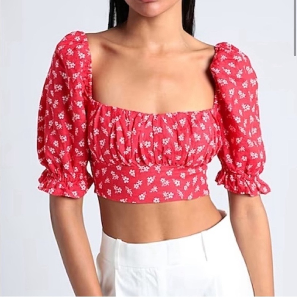 & Other Stories Linen Floral Milkmaid Crop Top Red Size 4